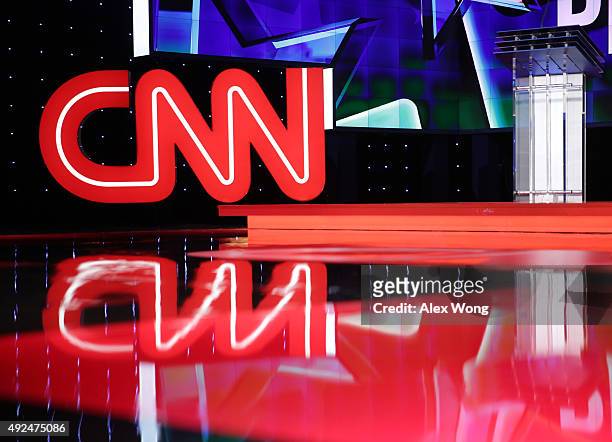 General view shows the stage during a walk-through before a Democratic presidential debate sponsored by CNN and Facebook at Wynn Las Vegas on October...