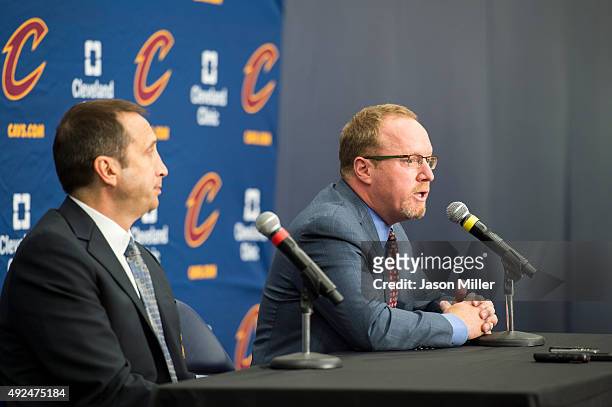 Head coach David Blatt of the Cleveland Cavaliers and general manager David Griffin during the Cleveland Cavaliers media day at Cleveland Clinic...