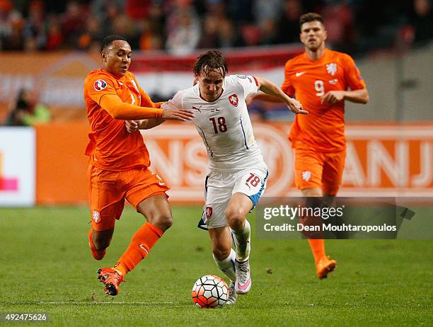 Josef Sural of the Czech Republic and Kenny Tete of the Netherlands battle for the ball during the UEFA EURO 2016 qualifying Group A match between...