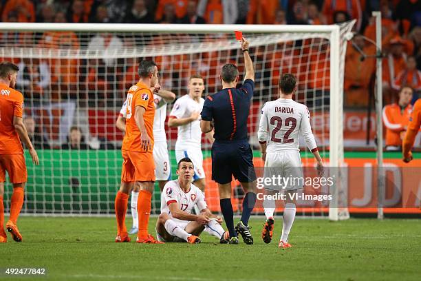 Robin van Persie of Holland, Michal Kadlec of Czech Republik, Marek Suchy of Czech Republik, referee Damir Skomina,Vladimir Darida of Czech Republik...