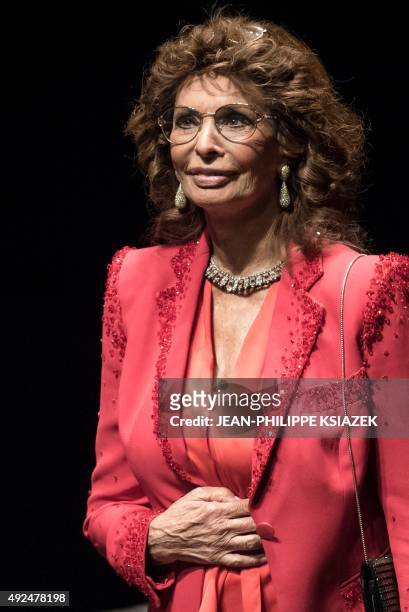 Italian actress Sophia Loren looks on after receiving a tribute during the 7th Lumiere Film Festival opening ceremony on October 13, 2015 in Lyon....