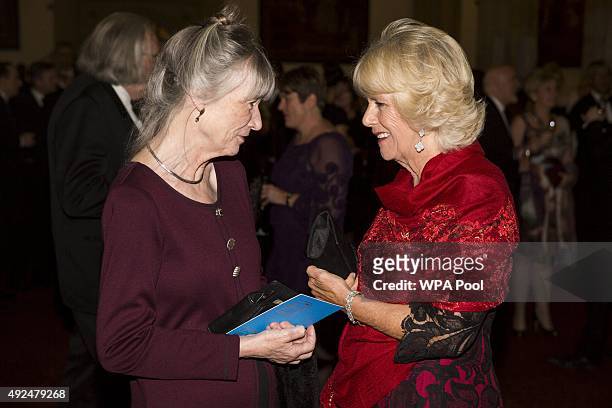 Author Anne Tyler and Camilla, Duchess of Cornwall attend the 2015 Man Booker Prize winners reception at The Guildhall on October 13, 2015 in London,...
