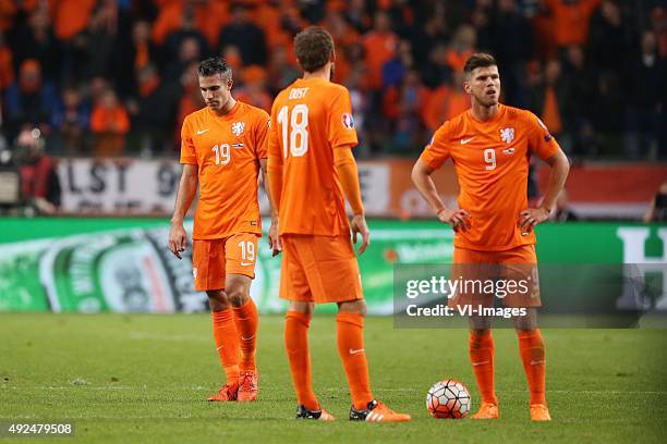 Robin van Persie of Holland, Bas Dost of Holland, Klaas-Jan Huntelaar of Holland during the EURO 2016 qualifying match between Netherlands and Czech...