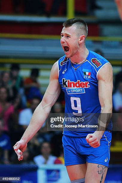 Ivan Zaytsev of Italy celebrates winning a point during CEV Volleyball European Championship play-off match between Italy and Finland at Pala Yamamay...