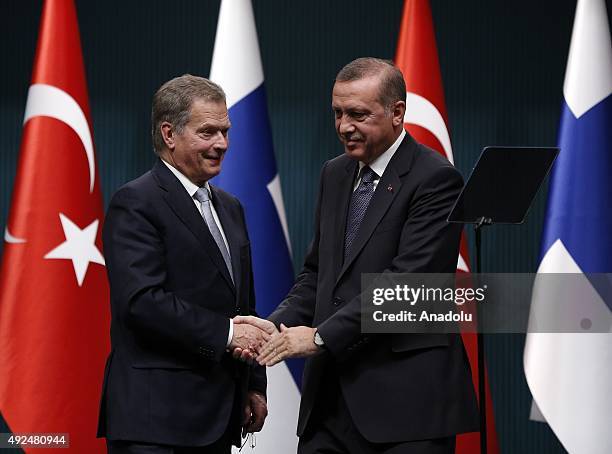 Turkish President Recep Tayyip Erdogan and Finland President Sauli Niinisto attend a joint press conference after an inter-delegation meeting at the...