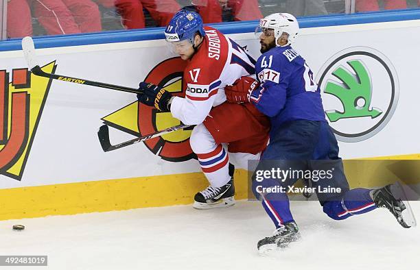 Pierre-Edouard Bellemare of France and Vladimir Sobotka of Czech Republic in action during the 2014 IIHF World Championship between France and Czech...