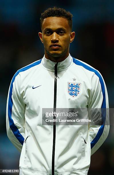 Lewis Baker of England U21 lines up for the National Anthem during the European Under 21 Qualifier between England U-21 and Kazakhstan U-21 at Ricoh...