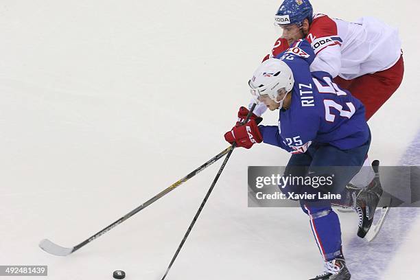 Jakub Kindl of Czech Republic and Nicolas Ritz of France in action during the 2014 IIHF World Championship between France and Czech Republic at...