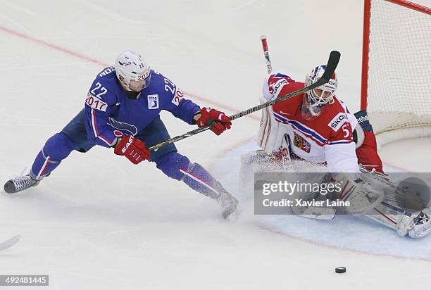 Brian Henderson of France and Alexander Salak Czech Republic in action during the 2014 IIHF World Championship between France and Czech Republic at...