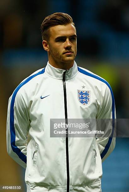 Calum Chambers of England U21 lines up for the National Anthem during the European Under 21 Qualifier between England U-21 and Kazakhstan U-21 at...