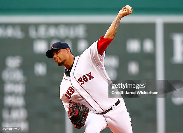 Felix Doubront of the Boston Red Sox pitches against the Toronto Blue Jays in the first inning during the game at Fenway Park on May 20, 2014 in...