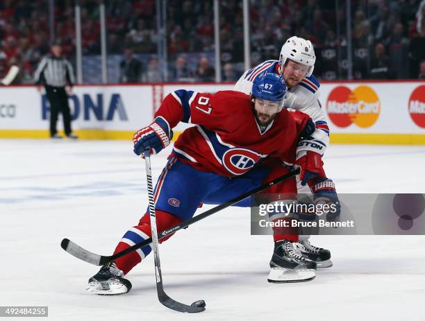 Max Pacioretty of the Montreal Canadiens skates against Anton Stralman of the New York Rangers in Game Two of the Eastern Conference Final during the...