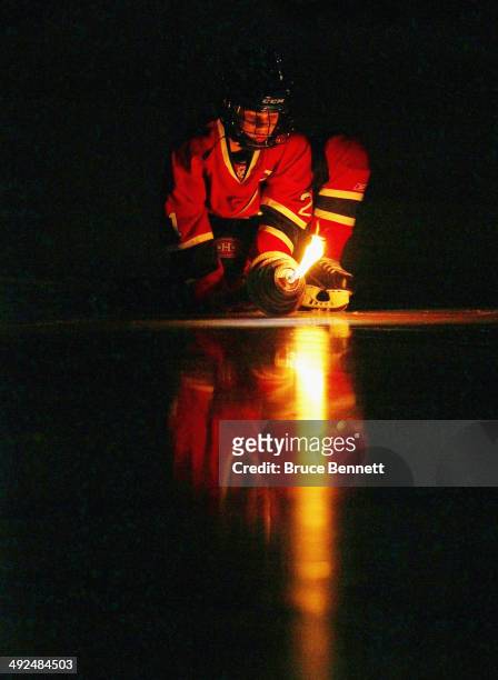Young skater takes part in the pregame ceremony prior to the game against the Montreal Canadiens and the New York Rangers in Game Two of the Eastern...