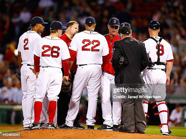 Manager John Farrell of the Boston Red Sox pulls Felix Doubront because of an apparent injury in the fifth inning against the Toronto Blue Jays...