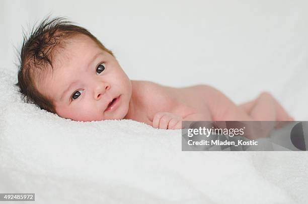 newborn baby boy lying on a blanket - boy brown hair stock pictures, royalty-free photos & images