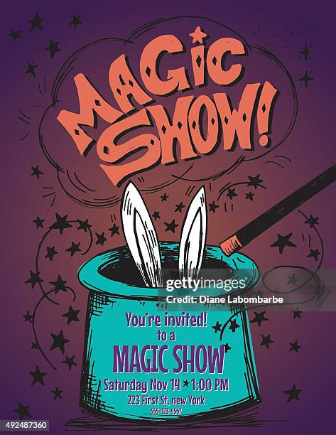 ilustrações, clipart, desenhos animados e ícones de mão desenhadas magic show de festa de aniversário modelo de convite - mágico