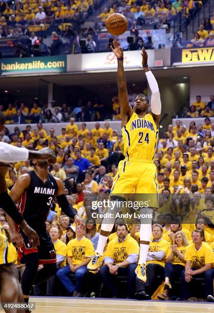 Paul George of the Indiana Pacers takes a shot against the Miami Heat during Game Two of the Eastern Conference Finals of the 2014 NBA Playoffs at at...