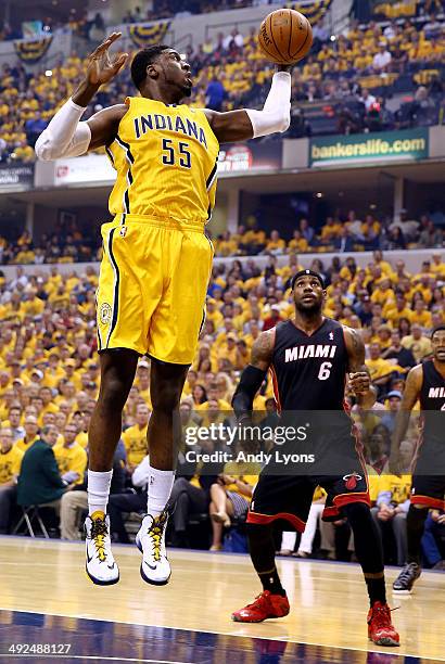 Roy Hibbert of the Indiana Pacers pulls down a rebound against the Miami Heat during Game Two of the Eastern Conference Finals of the 2014 NBA...