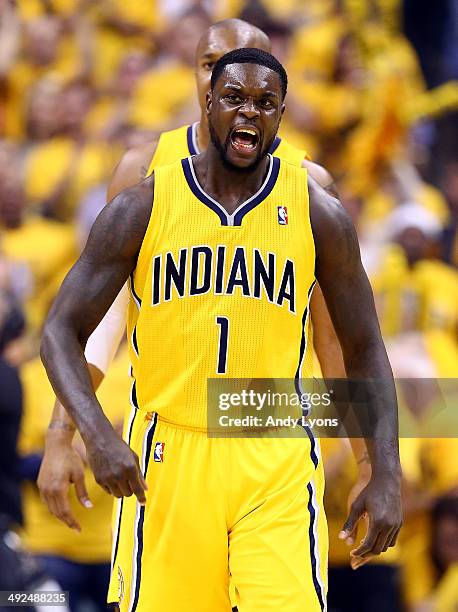 Lance Stephenson of the Indiana Pacers celebrates after making a basket against the Miami Heat during Game Two of the Eastern Conference Finals of...