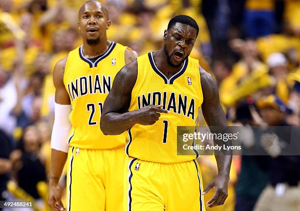Lance Stephenson of the Indiana Pacers celebrates after making a basket against the Miami Heat during Game Two of the Eastern Conference Finals of...