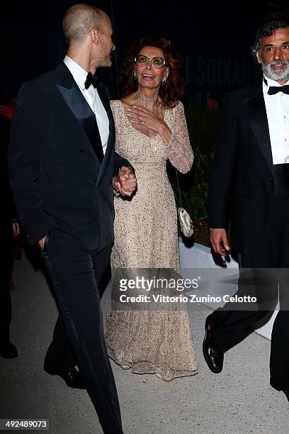 Sophia Loren and Edoardo Ponti attend the "Two Days, One Night" press conference during the 67th Annual Cannes Film Festival on May 20, 2014 in...