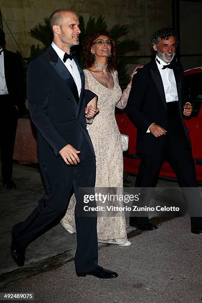 Sophia Loren and Edoardo Ponti attend the "Two Days, One Night" press conference during the 67th Annual Cannes Film Festival on May 20, 2014 in...