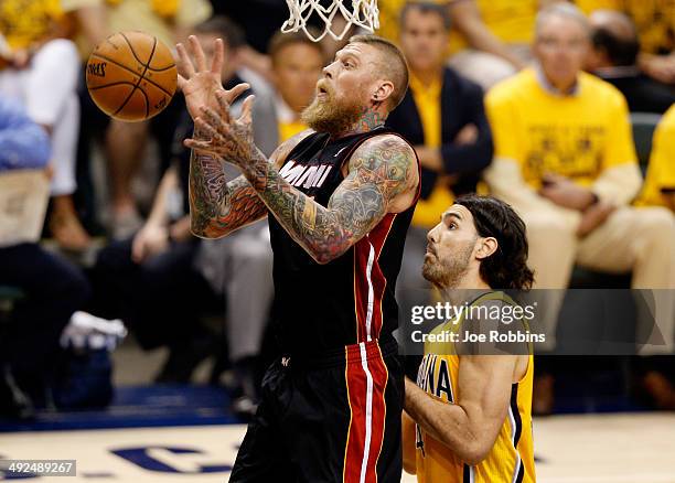 Chris Andersen of the Miami Heat loses the ball as Luis Scola of the Indiana Pacers defends during Game Two of the Eastern Conference Finals of the...