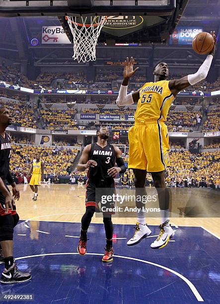 Roy Hibbert of the Indiana Pacers grabs a rebound against the Miami Heat during Game Two of the Eastern Conference Finals of the 2014 NBA Playoffs at...