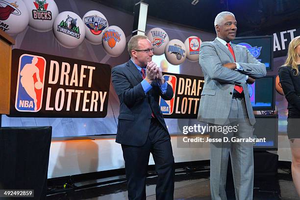 General Manager David Griffin of the Cleveland Cavaliers, NBA Legend Julius Erving celebrates winning the top pick during the 2014 NBA Draft Lottery...