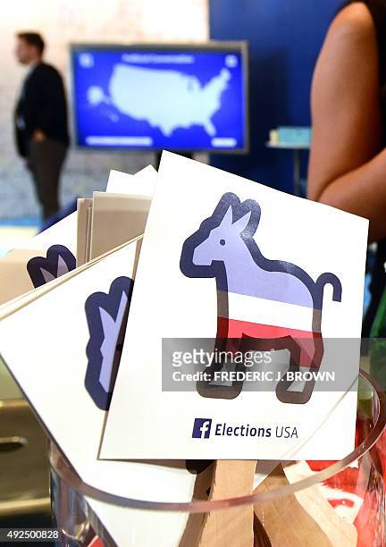 Paddles with the Donkey logo are seen at the Facebook section ahead of the Democratic presidential debate at the Wynn Hotel in Las Vegas, Nevada on...