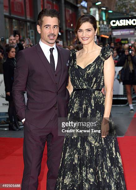 Colin Farrell and Rachel Weisz attend a screening of "The Lobster" during the BFI London Film Festival at Vue West End on October 13, 2015 in London,...