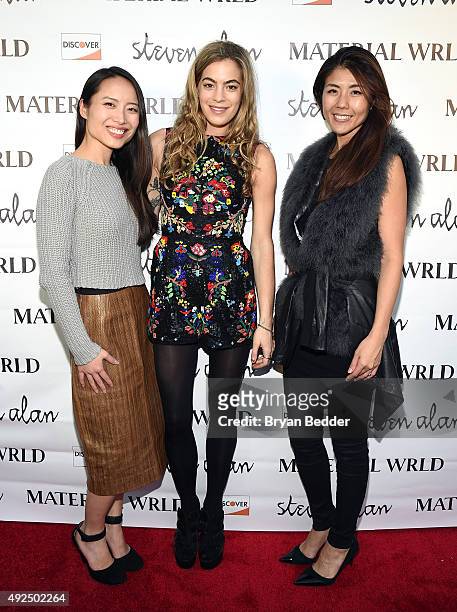 Material Wrld Co-Founder, Jie Zheng, DJ Chelsea Leyland and Material Wrld Co-Founder Rie Yano attend the Material Wrld Fashion Trade-In Card Launch...