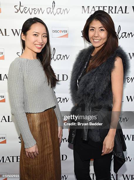 Material Wrld Co-Founders, Jie Zheng and Rie Yano attend the Material Wrld Fashion Trade-In Card Launch Event at Steven Alan Chelsea Store on October...