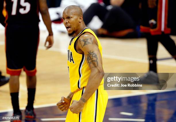 David West of the Indiana Pacers reacts against the Miami Heat during Game Two of the Eastern Conference Finals of the 2014 NBA Playoffs at at...