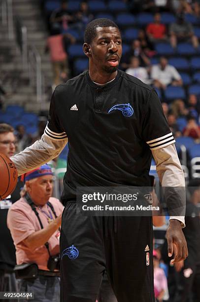 Andrew Nicholson of the Orlando Magic warms up before facing off against the Miami Heat during a preseason game on October 13, 2015 at Amway Center...