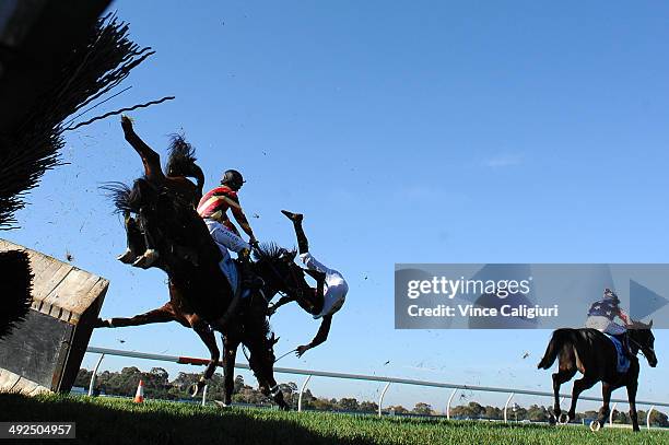 Martin Kelly riding Show Dancer crashes through the steeple jump and falls to the ground in Race 1, the Follow @ MRCTracknews on Twitter Steeplechase...