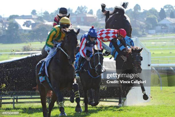 Martin Kelly riding Show Dancer crashes through the steeple jump and falls to the ground in Race 1, the Follow @ MRCTracknews on Twitter Steeplechase...