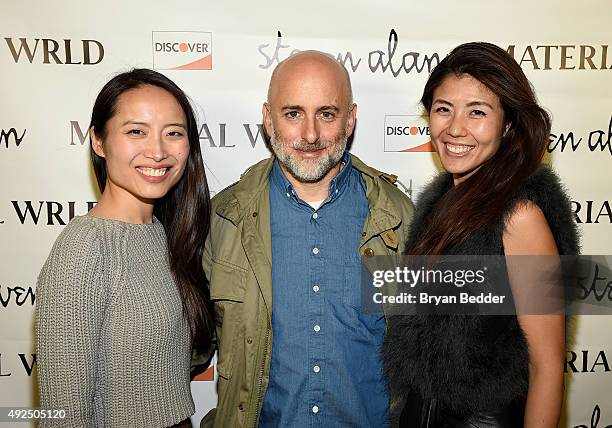 Material Wrld Co-Founders, Jie Zheng, Designer Steven Alan and Rie Yano attend the Material Wrld Fashion Trade-In Card Launch Event at Steven Alan...