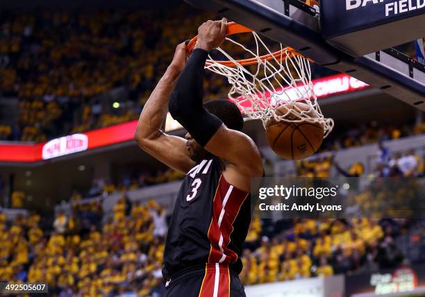 Dwyane Wade of the Miami Heat dunks against the Indiana Pacers during Game Two of the Eastern Conference Finals of the 2014 NBA Playoffs at at...