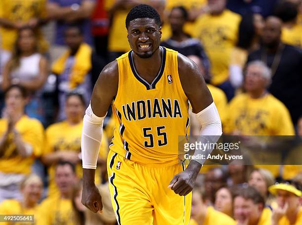 Roy Hibbert of the Indiana Pacers reacts after injuirng his leg against the Miami Heat during Game Two of the Eastern Conference Finals of the 2014...