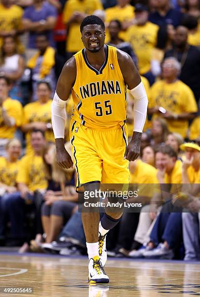 Roy Hibbert of the Indiana Pacers reacts after injuirng his leg against the Miami Heat during Game Two of the Eastern Conference Finals of the 2014...