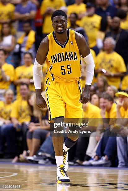 Roy Hibbert of the Indiana Pacers reacts after injuirng his leg against the Miami Heat during Game Two of the Eastern Conference Finals of the 2014...