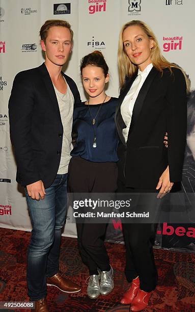 Marlon Boess, Jana Naomi McKinnon and Lilian Klebow pose during the 'Beautiful Girl' Vienna premiere at UCI Kinowelt Millenium City on October 13,...