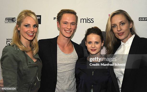 Silvia Schneider, Marlon Boess, Jana Naomi McKinnon and Lilian Klebow pose during the 'Beautiful Girl' Vienna premiere at UCI Kinowelt Millenium City...