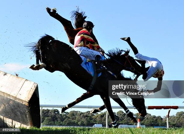 Martin Kelly riding Show Dancer crashes through the steeple jump and falls to the ground in Race 1, the Follow @ MRCTracknews on Twitter Steeplechase...