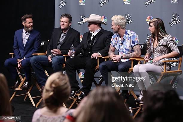 Live Finale" Episode 621B -- Pictured: Mark Burnett, Blake Shelton, Jake Worthington, Adam Levine, Christina Grimmie --