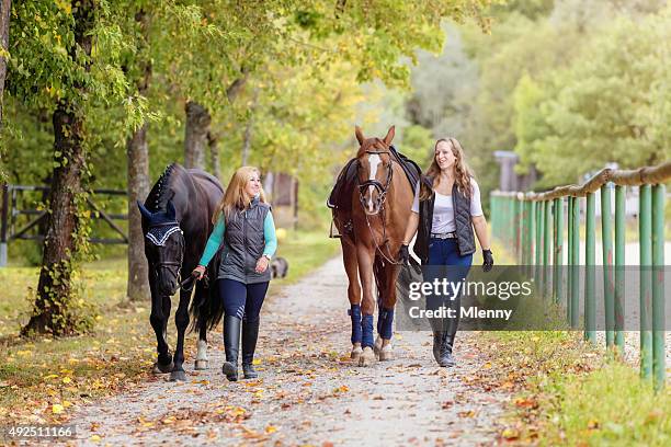 las mujeres regrese a casa caballos de equitación - montar un animal fotografías e imágenes de stock