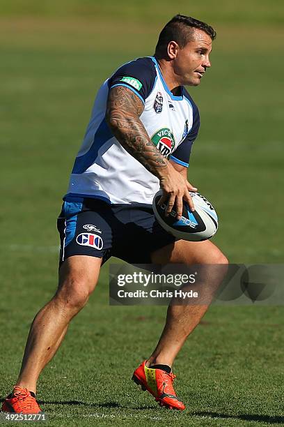 Anthony Watmough passes during a New South Wales Blues State of Origin training session at Novotel Coffs Harbour on May 21, 2014 in Coffs Harbour,...