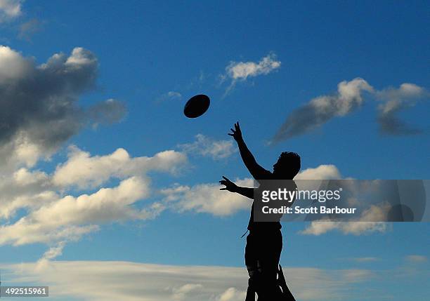 Colby Fainga'a of the Rebels is lifted in the air to compete for the ball in a lineout during a Melbourne Rebels Super Rugby training session at Visy...
