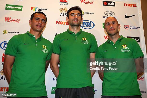 Tim Cahill Mile Jedinak and Mark Bresciano at the announcement of the new Socceroos captain during an Australian Socceroos media session at Terrigal...